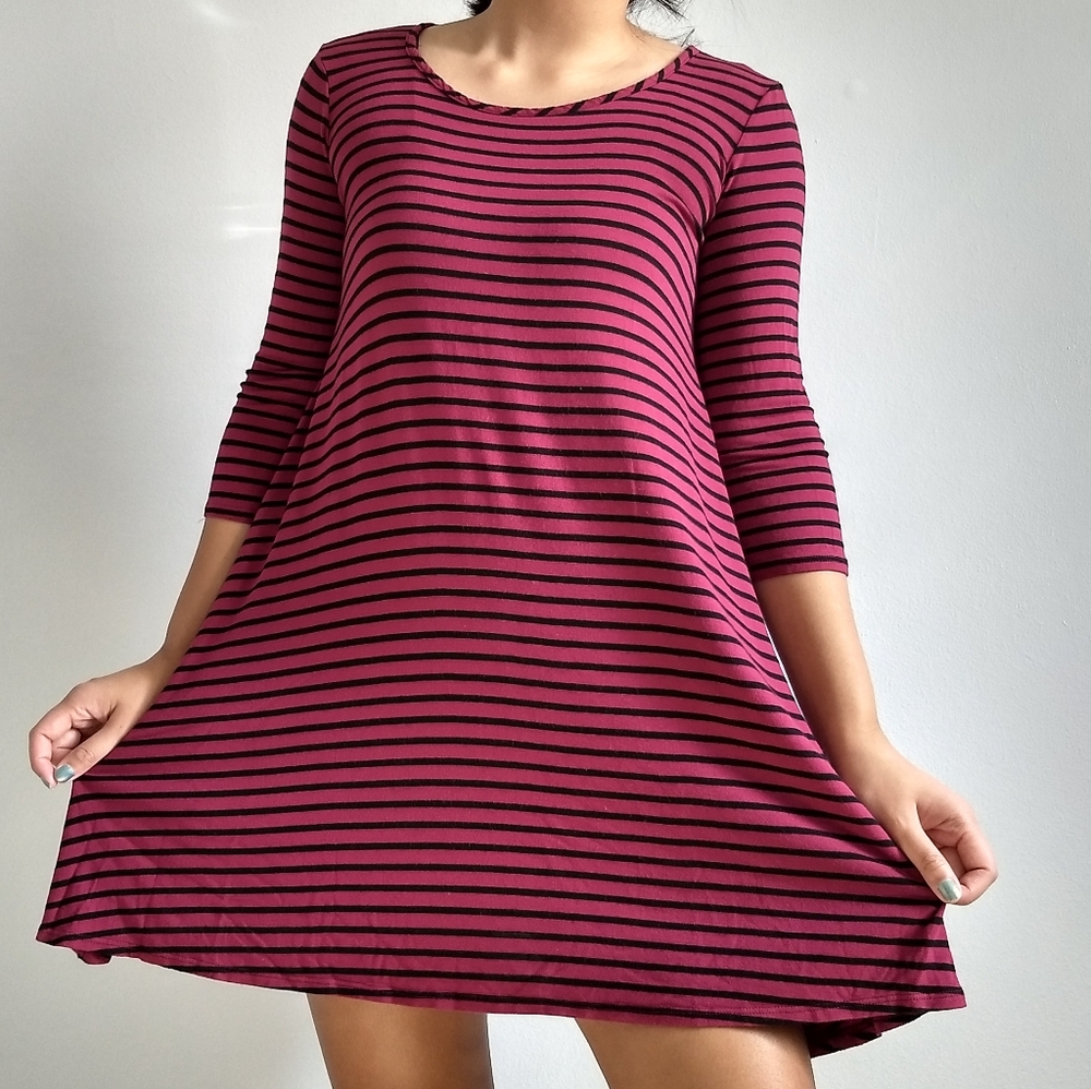 Maroon and Black Striped Shift Dress